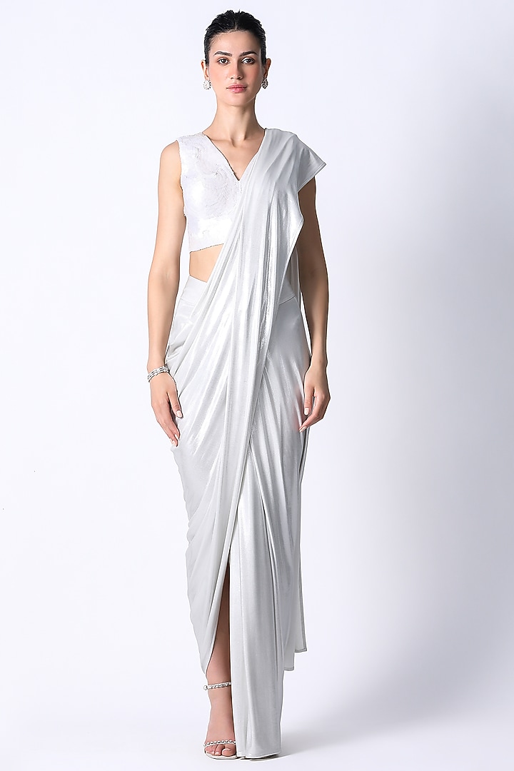 White Jersey Draped Wedding Saree Set by 431-88 By Shweta Kapur at Pernia's Pop Up Shop