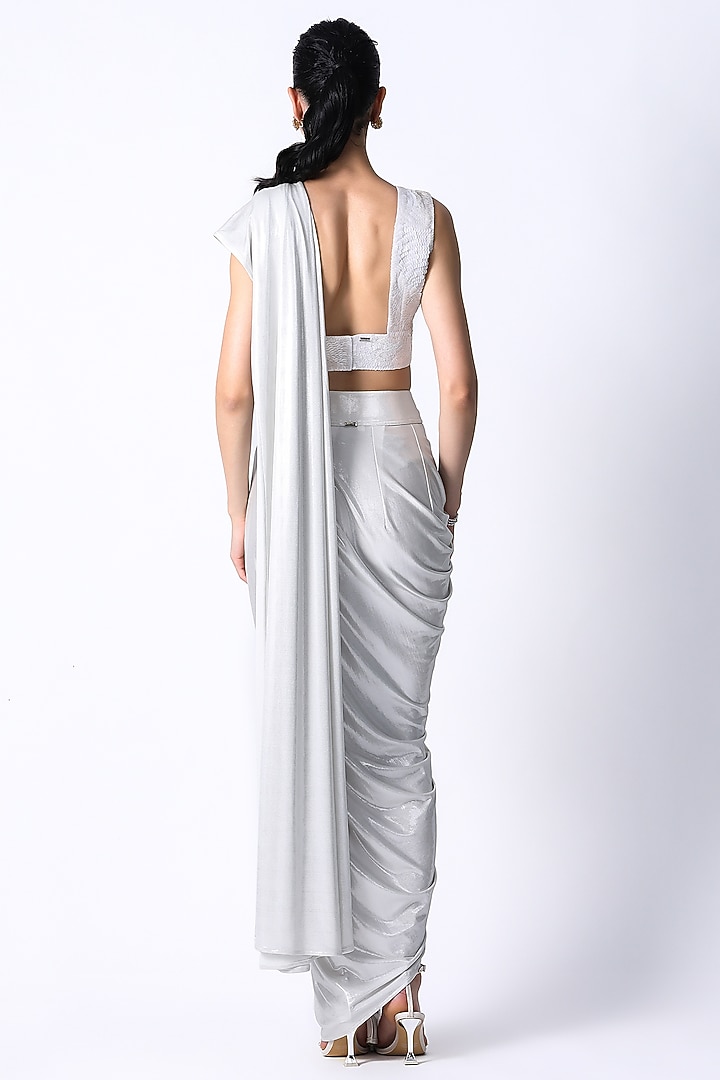 White Jersey Draped Wedding Saree Set by 431-88 By Shweta Kapur at Pernia's Pop Up Shop