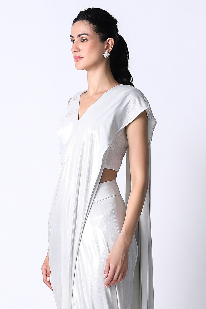 White Jersey Draped Wedding Saree Set by 431-88 By Shweta Kapur at Pernia's Pop Up Shop