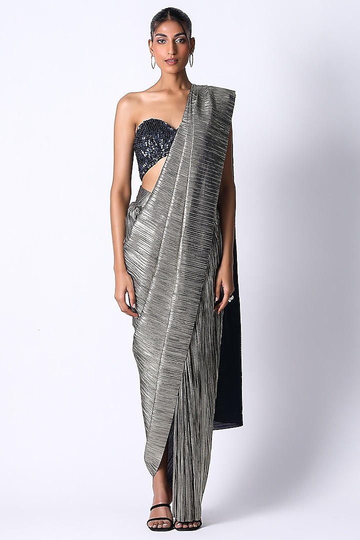 Grey Silk & Pleated Metallic Saree Set by 431-88 By Shweta Kapur