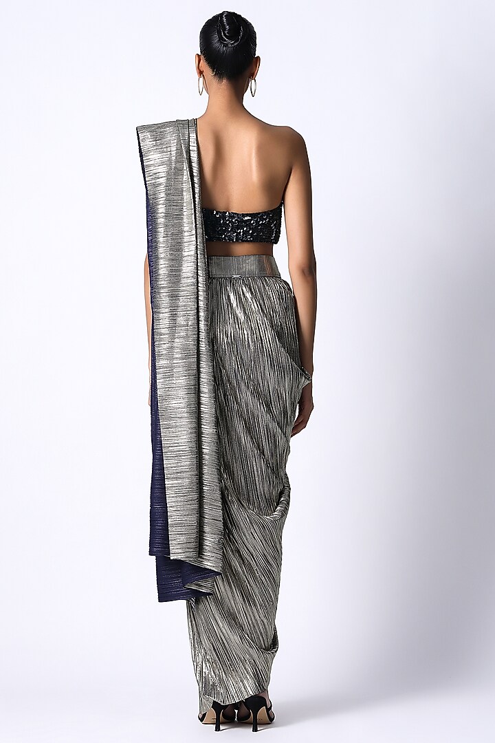 Grey Silk & Pleated Metallic Wedding Saree Set by 431-88 By Shweta Kapur at Pernia's Pop Up Shop