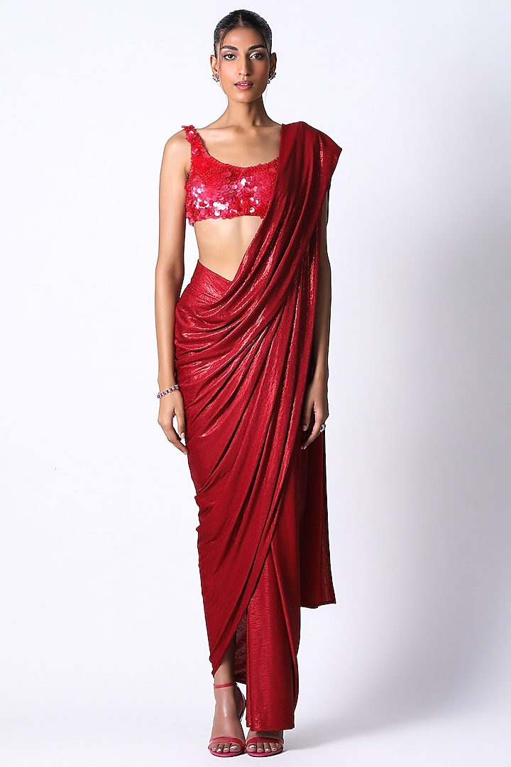 Red Silk & Jersey Draped Saree Set by 431-88 By Shweta Kapur at Pernia's Pop Up Shop