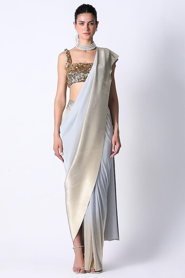 Gold & Ice Blue Silk Ombre Pre-Draped Saree Set by 431-88 By Shweta Kapur