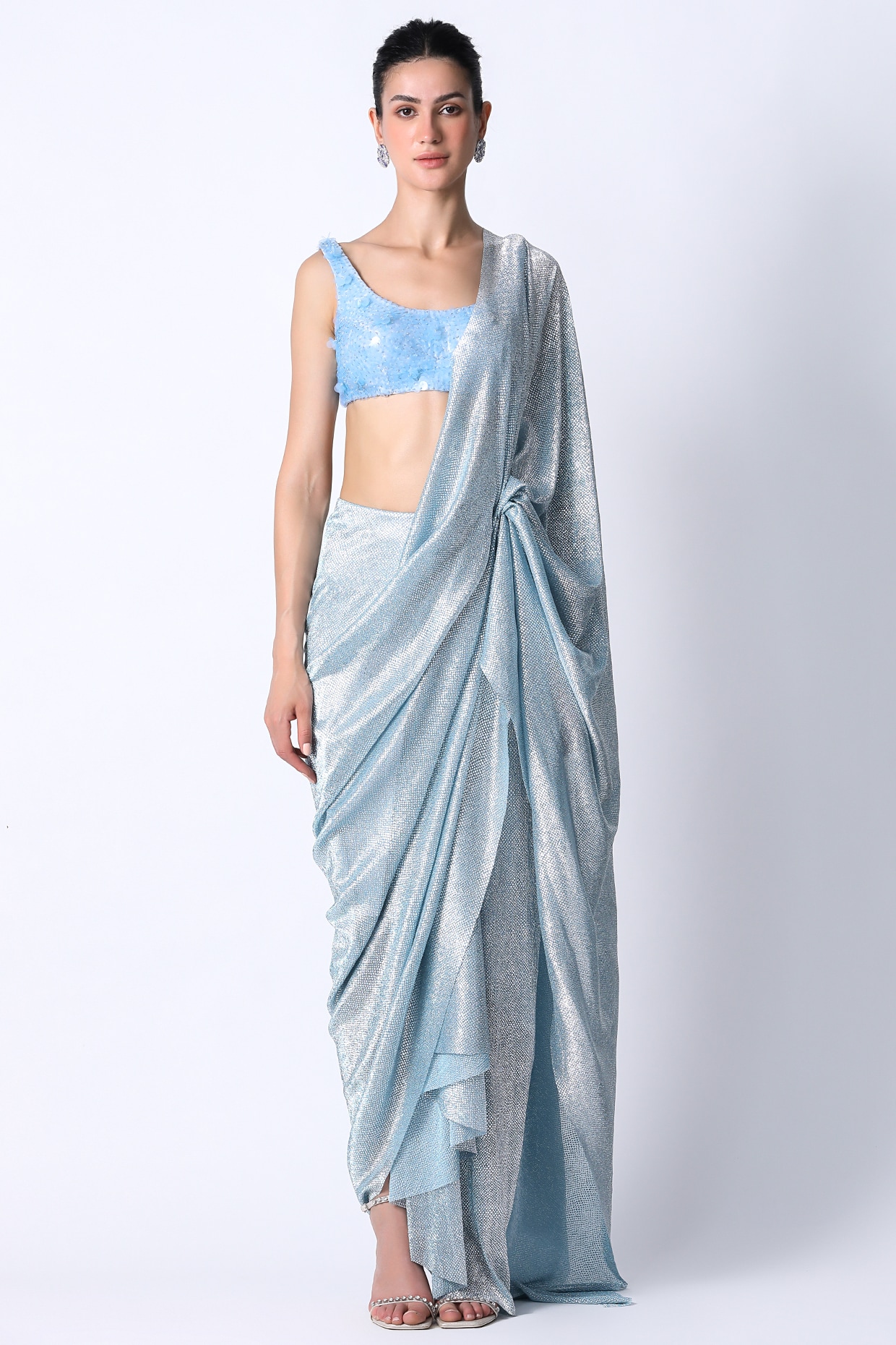 ICE BLUE SHIMMER GGT. DRAPED SAREE – Nitika Gujral