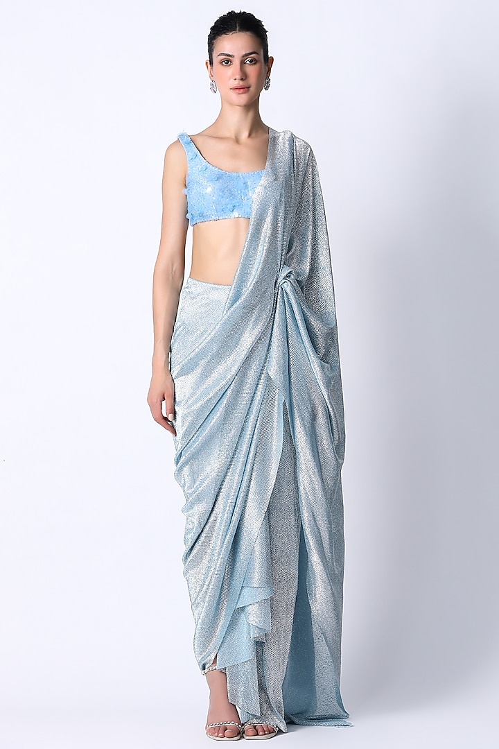 Ice Blue Silk & Foiled Net Saree Set by 431-88 By Shweta Kapur