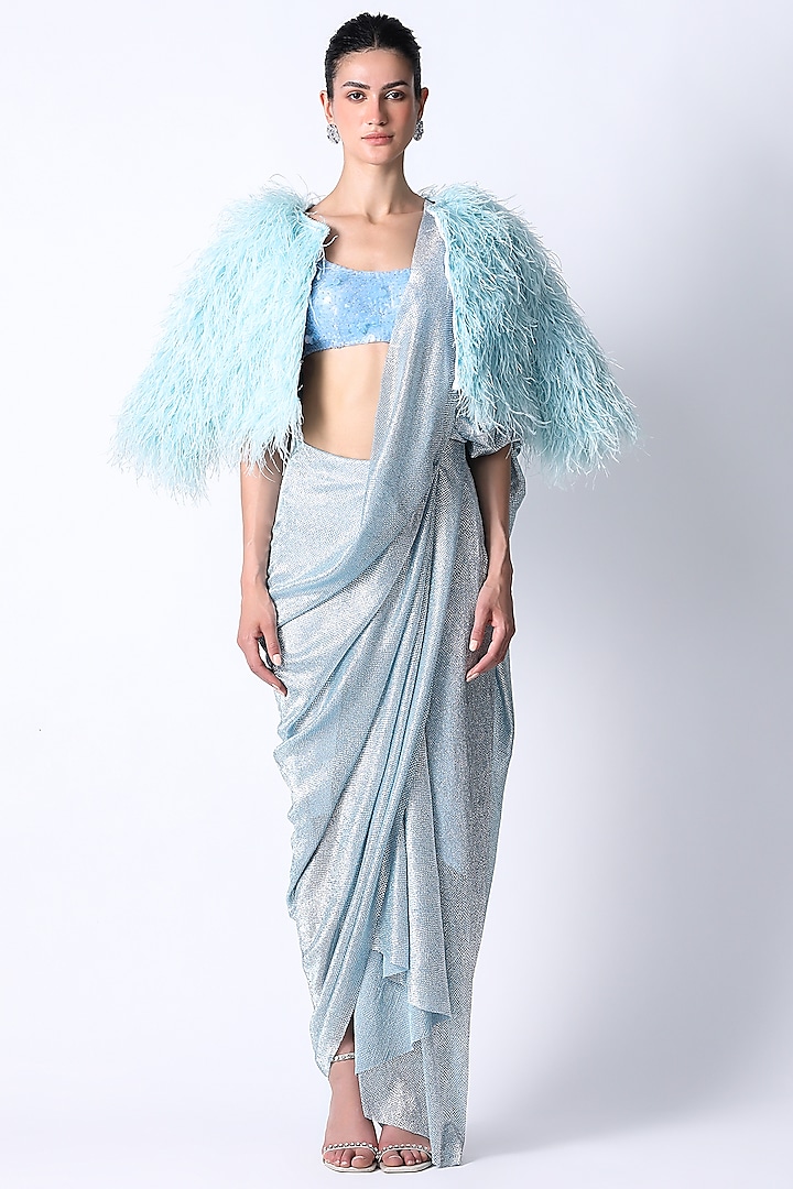 Ice Blue Silk & Foiled Net Jacket Saree Set by 431-88 By Shweta Kapur