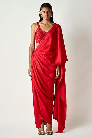 Red Satin Silk Micro beads Embroidered Blouse by 431-88 By Shweta Kapur