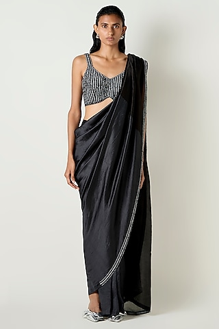 Black Silk Nalki Hand Embroidered Blouse by 431-88 By Shweta Kapur