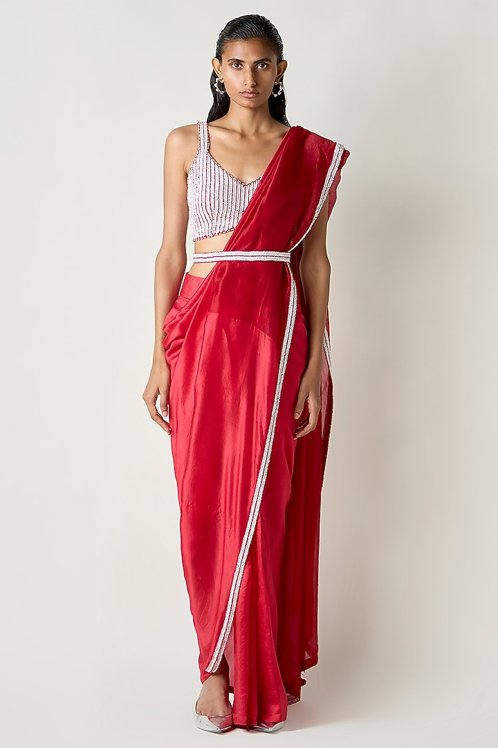 Red Silk Nalki Hand Embroidered Blouse by 431-88 By Shweta Kapur at Pernia's Pop Up Shop