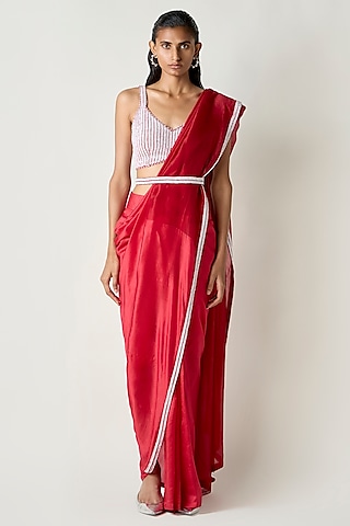 Red Silk Nalki Hand Embroidered Blouse by 431-88 By Shweta Kapur