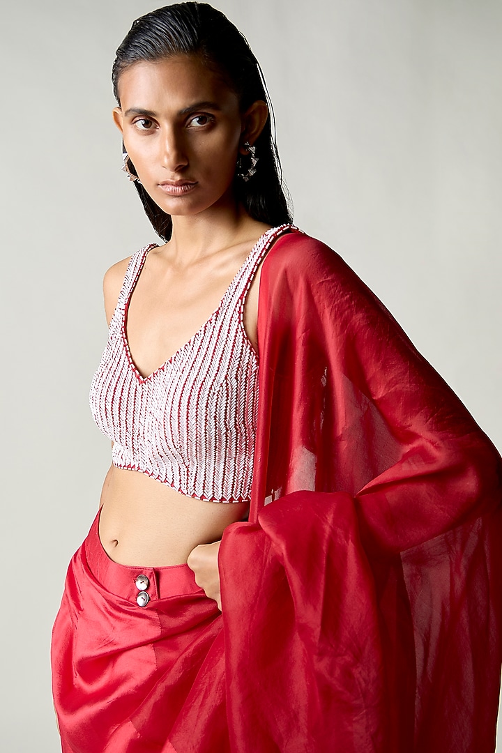 Red Silk Nalki Hand Embroidered Blouse by 431-88 By Shweta Kapur at Pernia's Pop Up Shop