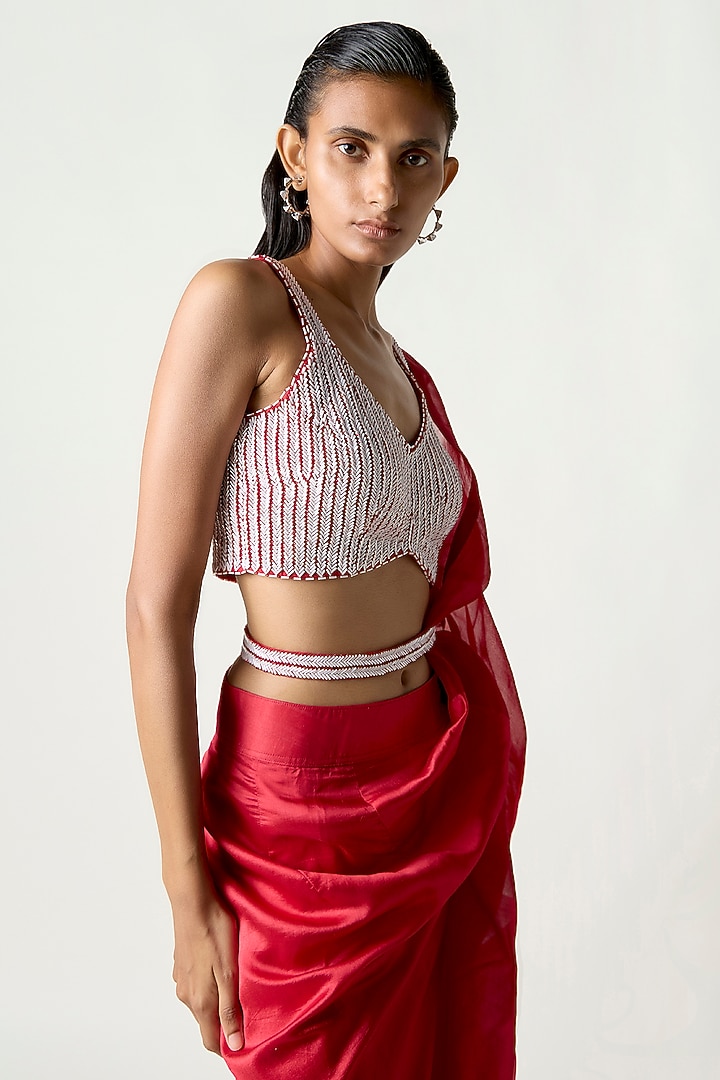 Red Silk Nalki Hand Embroidered Blouse by 431-88 By Shweta Kapur at Pernia's Pop Up Shop