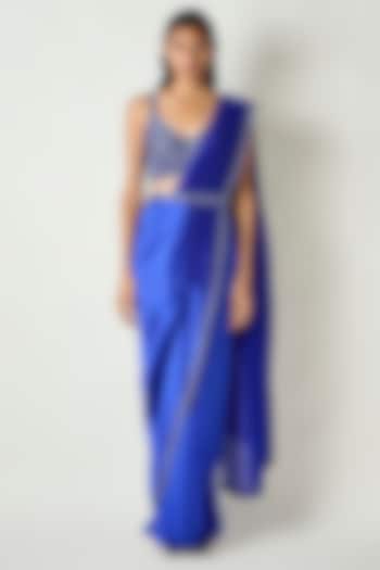 Electric Blue Silk Nalki Hand Embroidered Blouse by 431-88 By Shweta Kapur at Pernia's Pop Up Shop