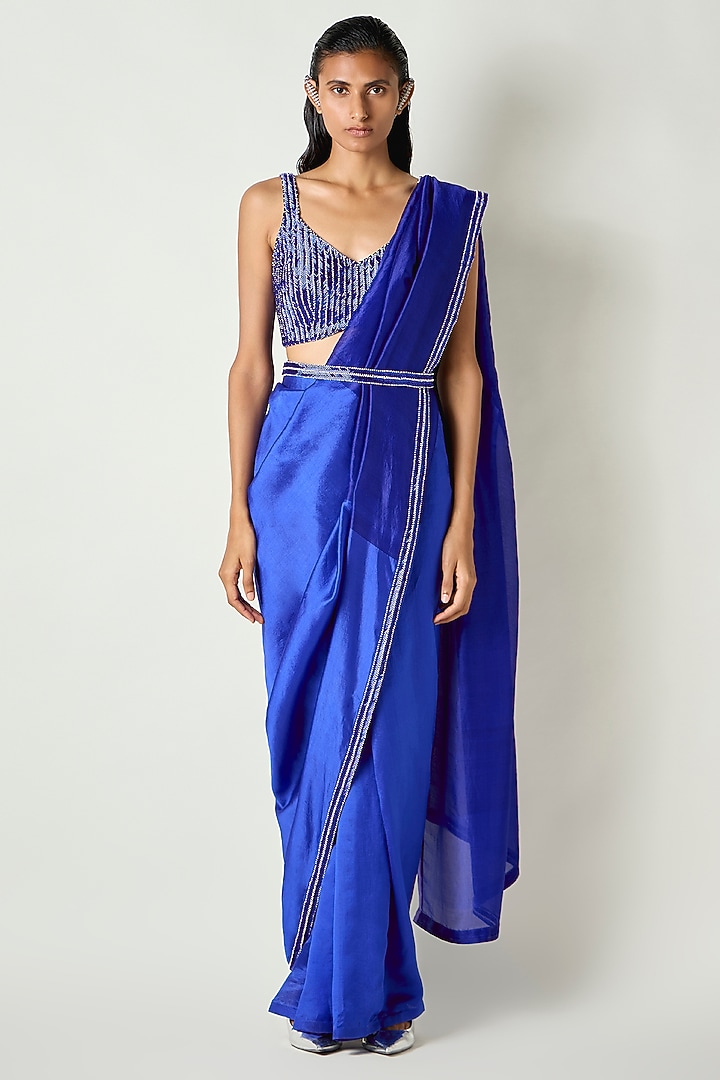 Electric Blue Silk Nalki Hand Embroidered Blouse by 431-88 By Shweta Kapur at Pernia's Pop Up Shop