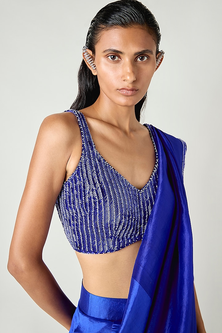 Electric Blue Silk Nalki Hand Embroidered Blouse by 431-88 By Shweta Kapur at Pernia's Pop Up Shop