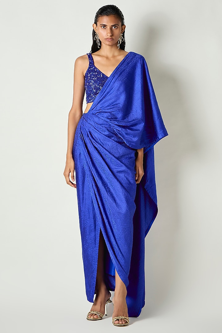 Electric Blue Satin Silk Beads Hand Embroidered Blouse by 431-88 By Shweta Kapur at Pernia's Pop Up Shop