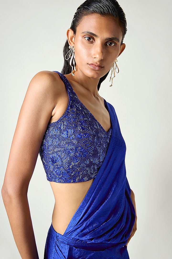 Electric Blue Satin Silk Beads Hand Embroidered Blouse by 431-88 By Shweta Kapur at Pernia's Pop Up Shop
