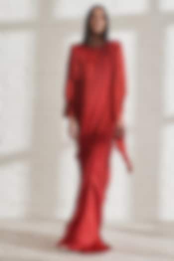 Red Satin Fringe Pre-Draped Party Wear Saree by 431-88 By Shweta Kapur at Pernia's Pop Up Shop