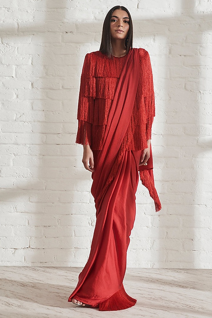 Red Satin Fringe Pre-Draped Party Wear Saree by 431-88 By Shweta Kapur at Pernia's Pop Up Shop