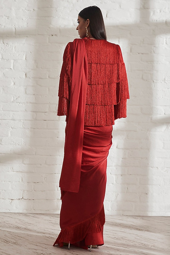 Red Satin Fringe Pre-Draped Party Wear Saree by 431-88 By Shweta Kapur at Pernia's Pop Up Shop