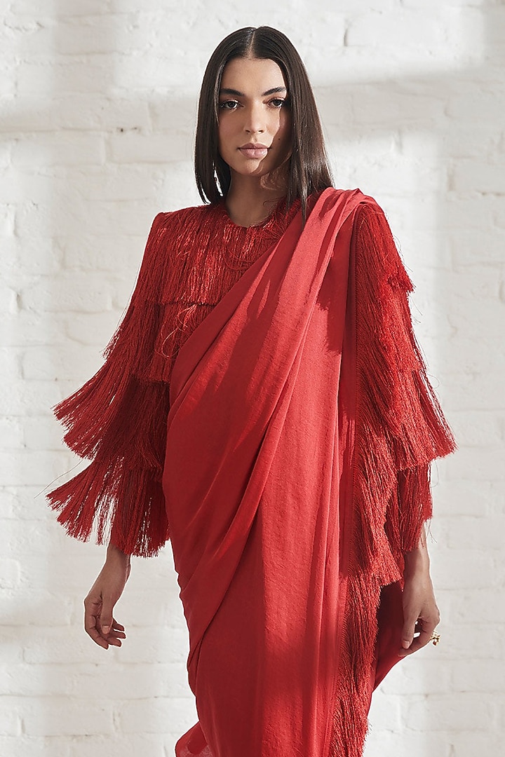 Red Satin Fringe Pre-Draped Party Wear Saree by 431-88 By Shweta Kapur at Pernia's Pop Up Shop