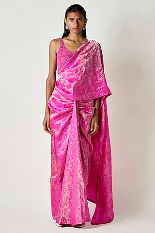 Fuchsia Satin Silk Beads Hand Embroidered Blouse by 431-88 By Shweta Kapur
