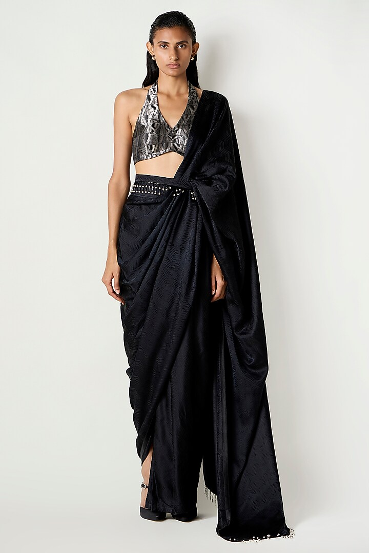 Black Satin Silk Halter Blouse by 431-88 By Shweta Kapur at Pernia's Pop Up Shop