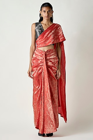 Black Brocade V-Neck Hand Woven Blouse by 431-88 By Shweta Kapur