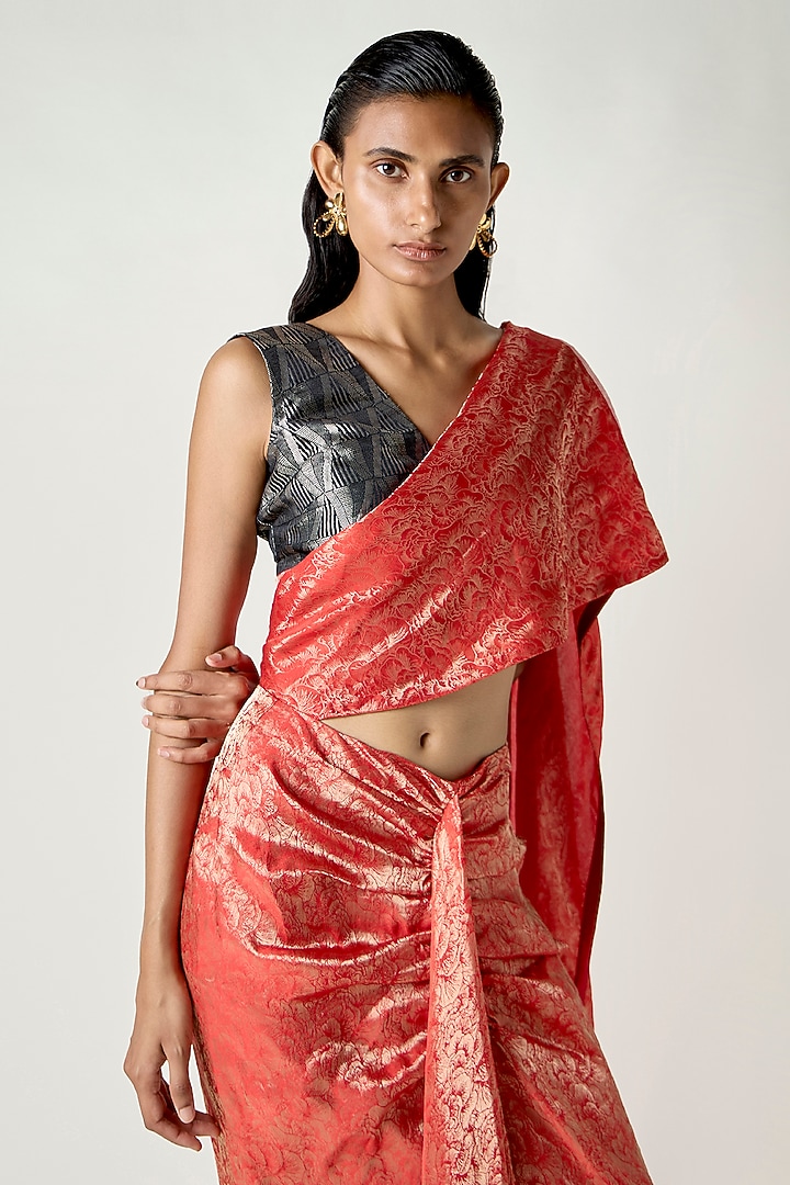 Black Brocade V-Neck Hand Woven Blouse by 431-88 By Shweta Kapur at Pernia's Pop Up Shop