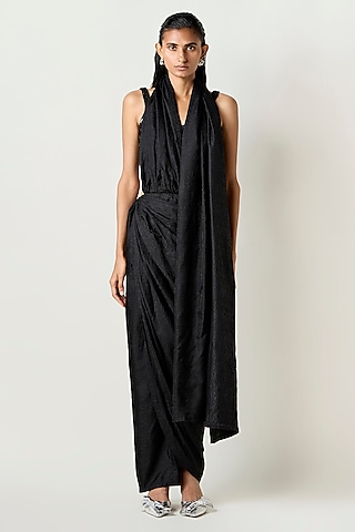 Black Satin Silk Pleated Draped Saree by 431-88 By Shweta Kapur