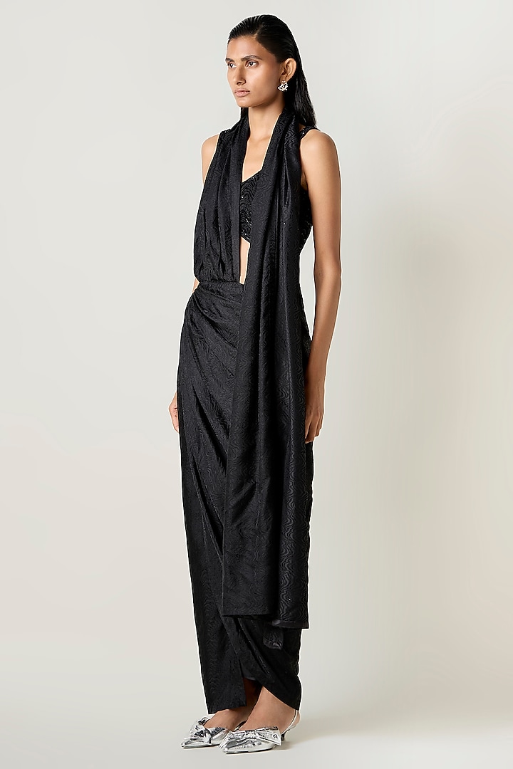 Black Satin Silk Pleated Draped Wedding Saree by 431-88 By Shweta Kapur at Pernia's Pop Up Shop