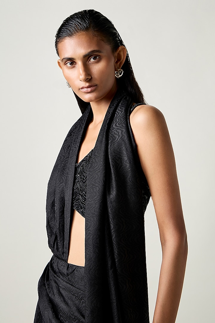 Black Satin Silk Pleated Draped Wedding Saree by 431-88 By Shweta Kapur at Pernia's Pop Up Shop