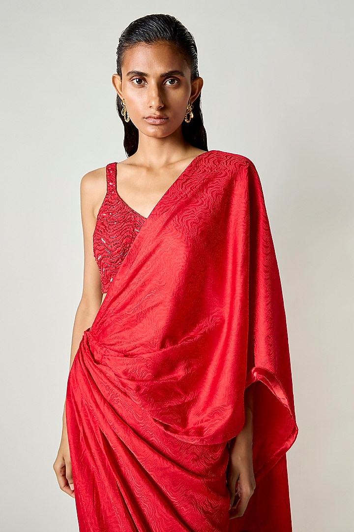 Red Satin Silk Pleated Draped Wedding Saree by 431-88 By Shweta Kapur at Pernia's Pop Up Shop