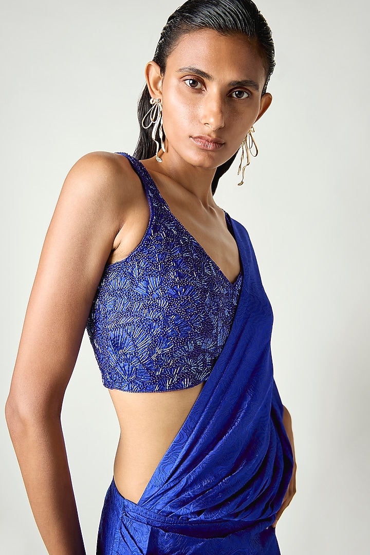 Electric Blue Satin Silk Pleated Draped Wedding Saree by 431-88 By Shweta Kapur at Pernia's Pop Up Shop