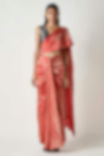 Red & Gold Satin Silk Draped Saree by 431-88 By Shweta Kapur at Pernia's Pop Up Shop