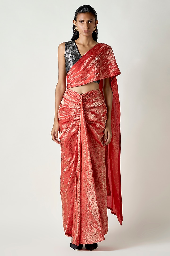 Red & Gold Satin Silk Draped Saree by 431-88 By Shweta Kapur at Pernia's Pop Up Shop