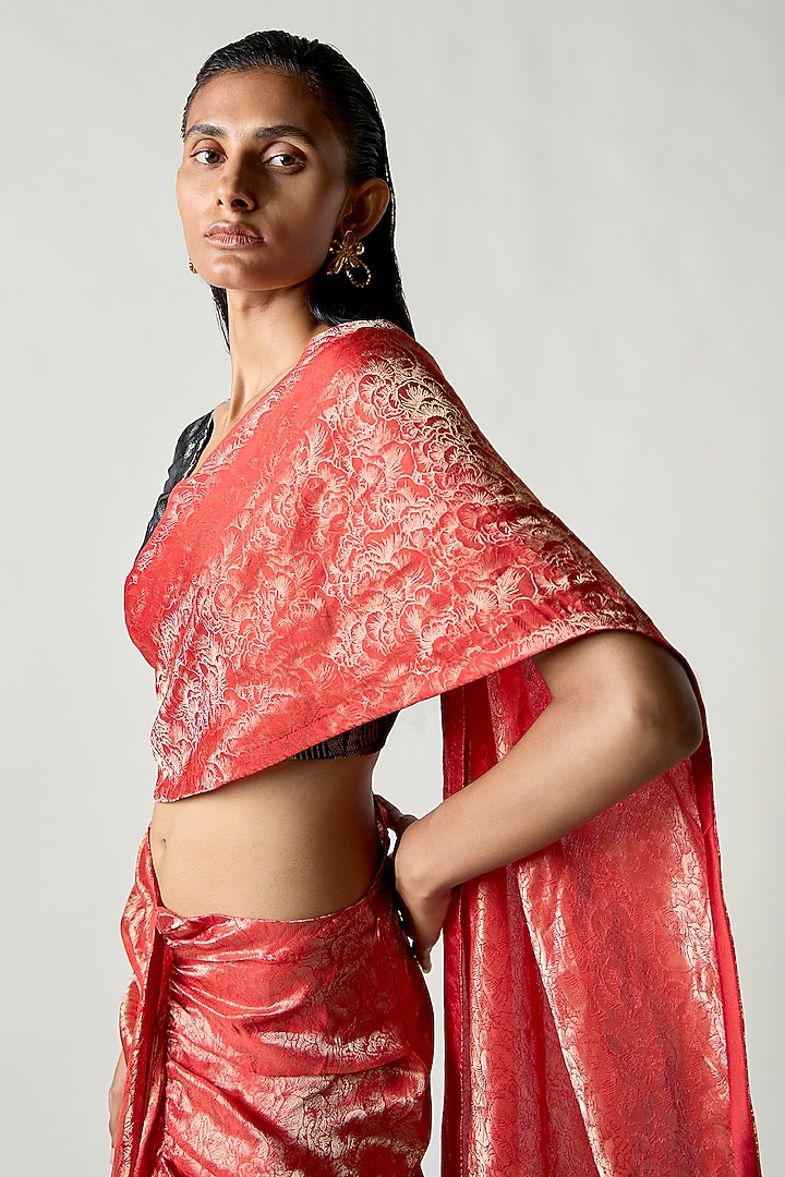 Red & Gold Satin Silk Draped Wedding Saree by 431-88 By Shweta Kapur at Pernia's Pop Up Shop
