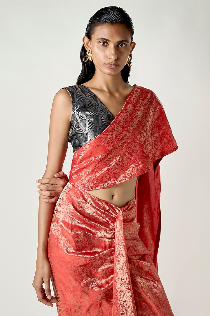 Red & Gold Satin Silk Draped Wedding Saree by 431-88 By Shweta Kapur at Pernia's Pop Up Shop