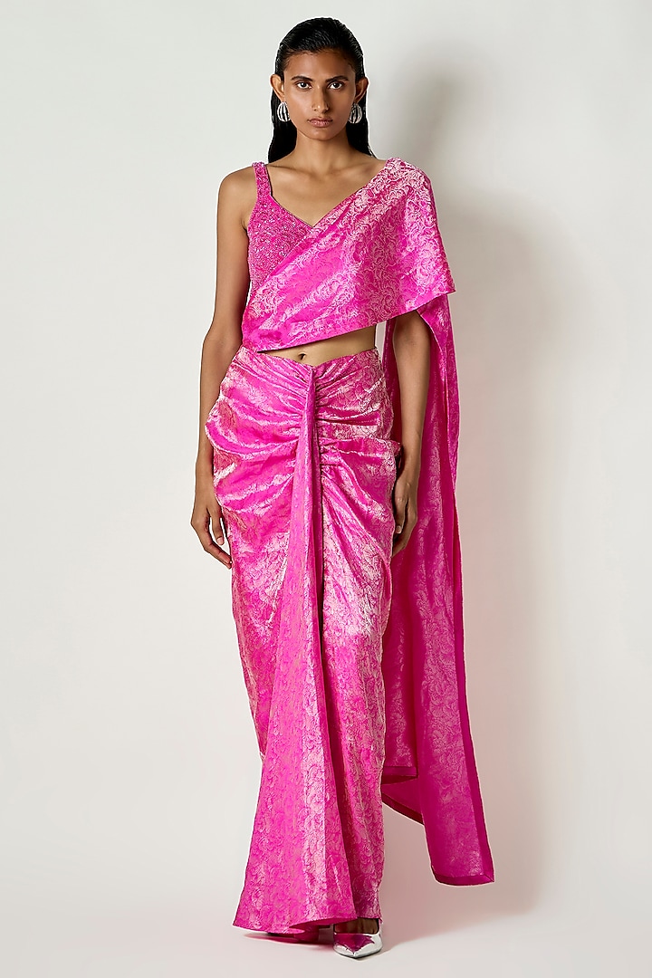 Pink & Silver Satin Silk Draped Saree by 431-88 By Shweta Kapur at Pernia's Pop Up Shop