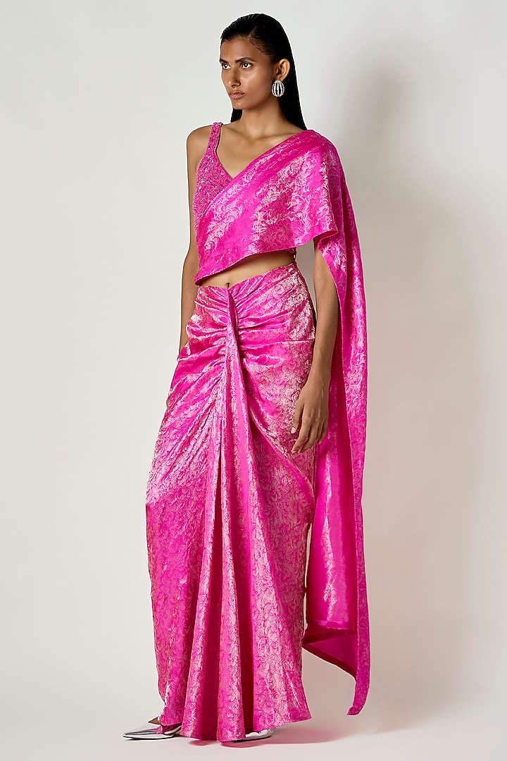 Pink & Silver Satin Silk Draped Wedding Saree by 431-88 By Shweta Kapur at Pernia's Pop Up Shop