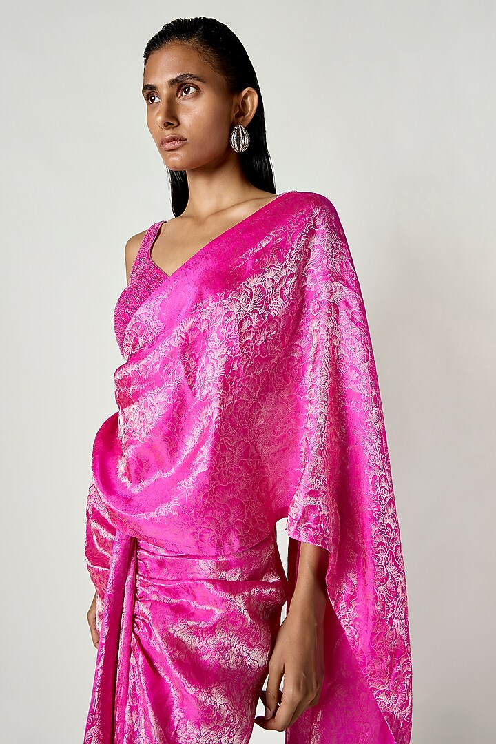 Pink & Silver Satin Silk Draped Wedding Saree by 431-88 By Shweta Kapur at Pernia's Pop Up Shop