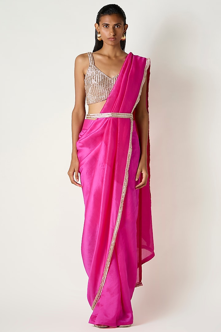 Fuchsia Kora Silk Draped Saree by 431-88 By Shweta Kapur at Pernia's Pop Up Shop