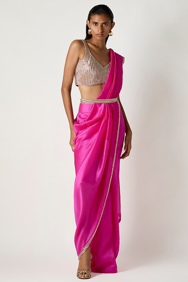 Fuchsia Kora Silk Draped Wedding Saree by 431-88 By Shweta Kapur at Pernia's Pop Up Shop