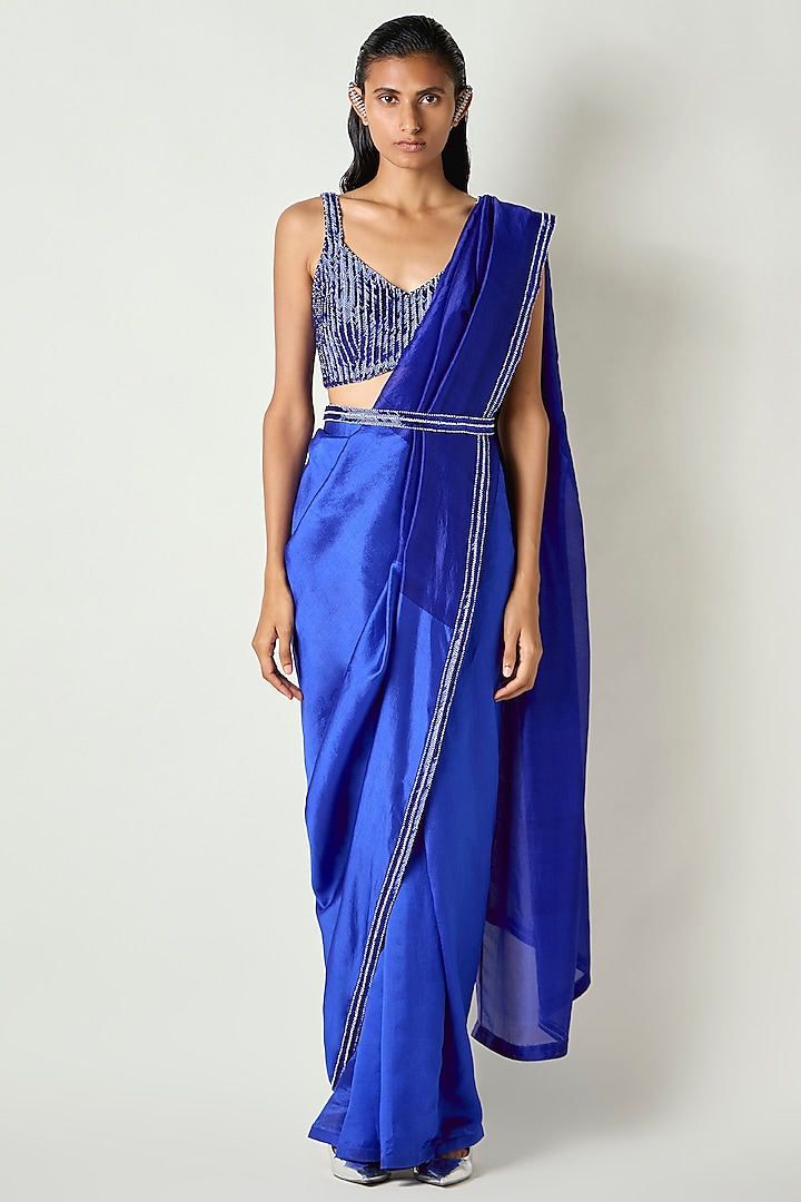 Electric Blue Kora Silk Draped Saree by 431-88 By Shweta Kapur at Pernia's Pop Up Shop