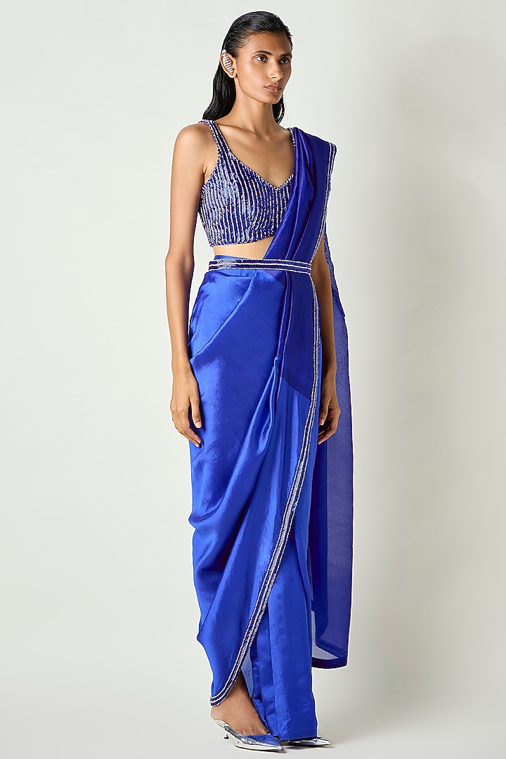 Electric Blue Kora Silk Draped Wedding Saree by 431-88 By Shweta Kapur at Pernia's Pop Up Shop
