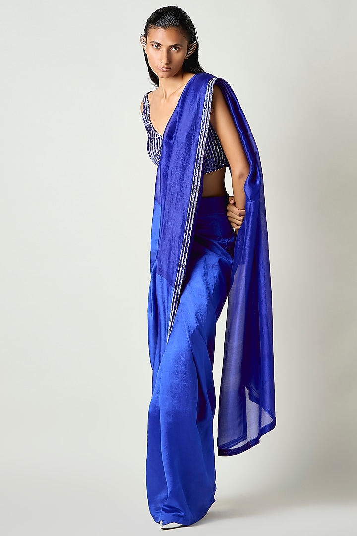 Electric Blue Kora Silk Draped Wedding Saree by 431-88 By Shweta Kapur at Pernia's Pop Up Shop