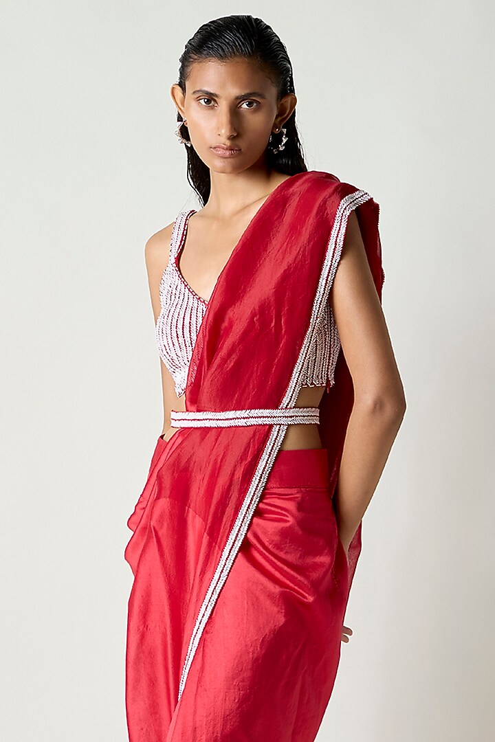 Red Kora Silk Draped Wedding Saree by 431-88 By Shweta Kapur at Pernia's Pop Up Shop