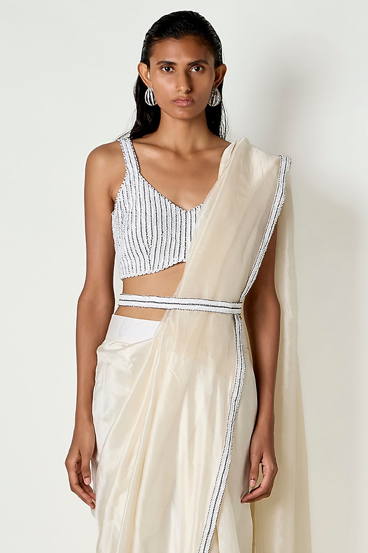 White Kora Silk Draped Wedding Saree by 431-88 By Shweta Kapur at Pernia's Pop Up Shop
