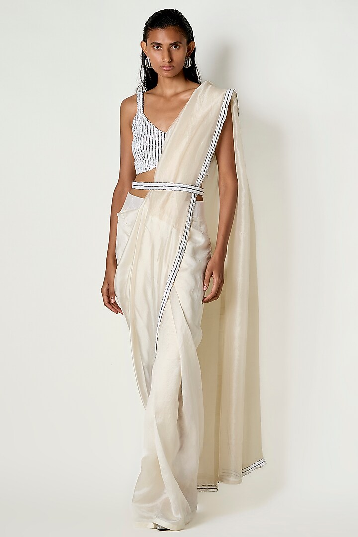 White Kora Silk Draped Wedding Saree by 431-88 By Shweta Kapur at Pernia's Pop Up Shop