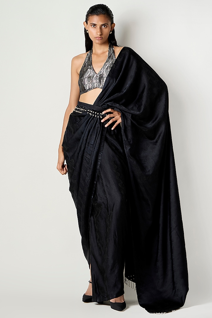 Black Satin Silk Draped Saree by 431-88 By Shweta Kapur at Pernia's Pop Up Shop